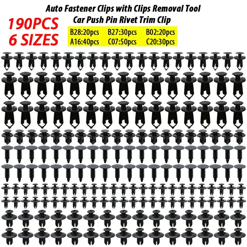 

190Pcs Universal Car Push Pin Rivet Clips Kit Plastic Fastener Assortment with 6 Sizes Anti-Wear Black Trim Panel Retainer