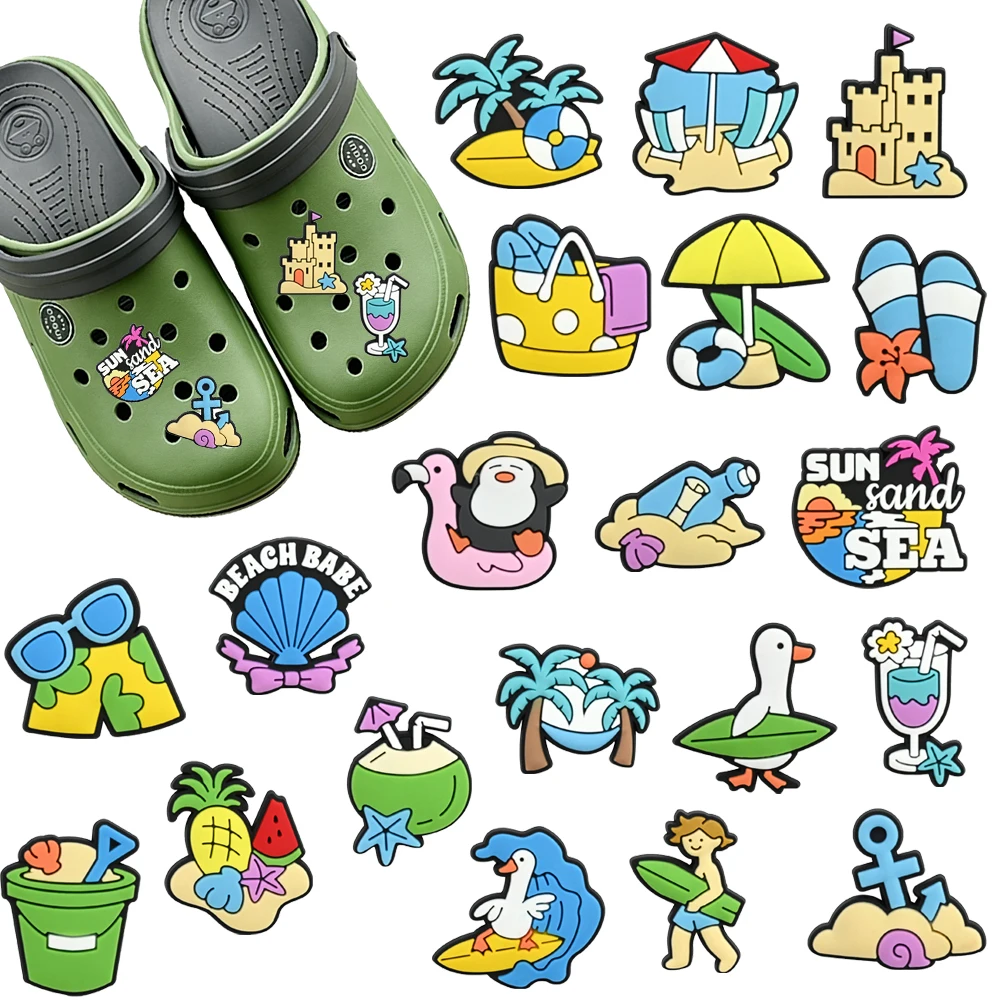 New 1-20pcs Cartoon Summer Tourism Vacation Series PVC Shoe Charms Accessories DIY Sandal Wristbands Decorations Party Gifts