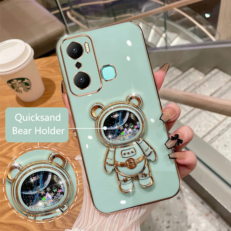 For Infinix Hot 20i Phone Case Quicksand Cartoon Bear Fold Stand Solid Color Soft Silicone Luxury Plating Cover