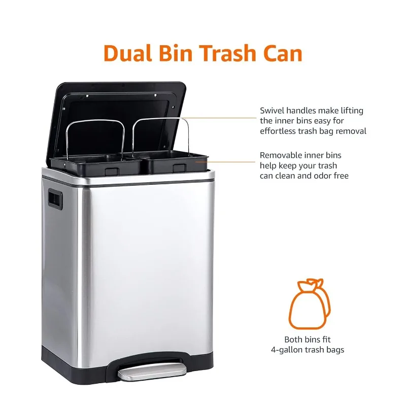 30L Dual Bin Soft-Close Trash can with Foot Pedal - 2 x 15 Liter Bins, Stainless Steel, Small Inner bins, Suitable