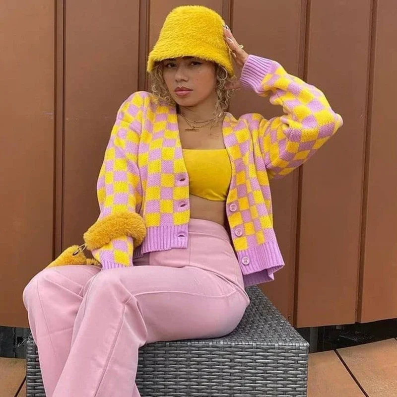 Cardigan Women's Autumn and Winter New 2023 Style V-neck Long-sleeved Single-breasted Knitted Lazy Checkerboard Sweater Women