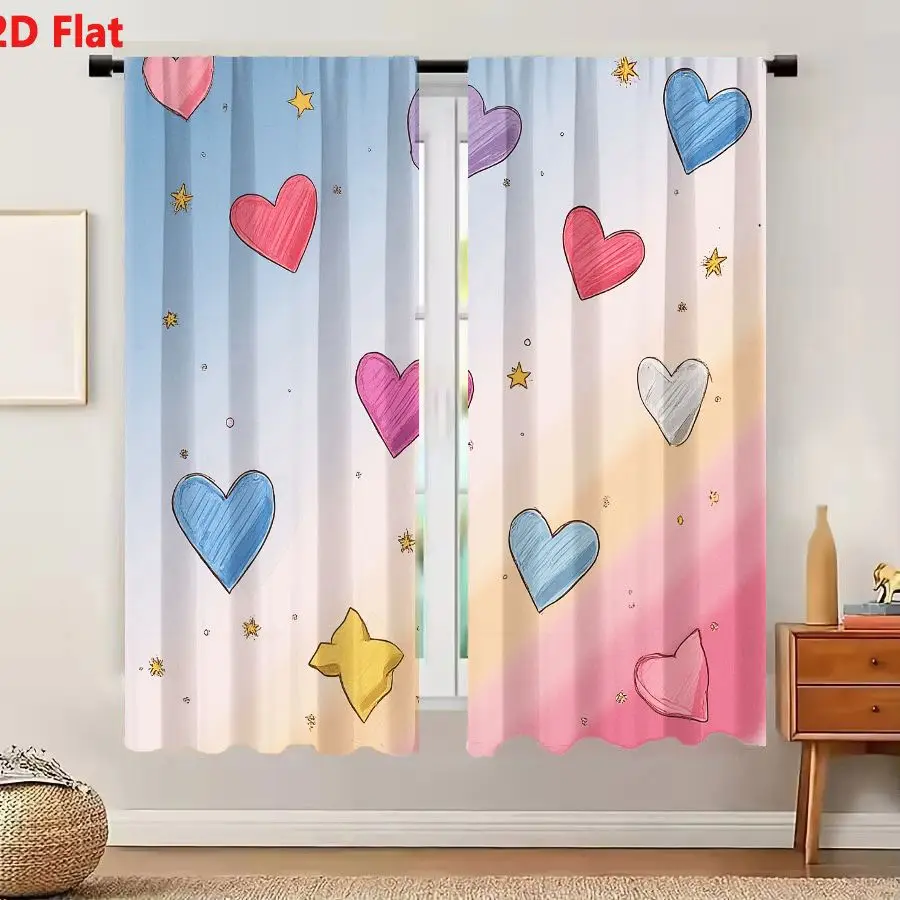 2Pcs Curtains 2D Flat Whimsical Hand Drawn Pastel Hearts And Stars Illustration Window Drapes for Bedroom Room Decor Decoration