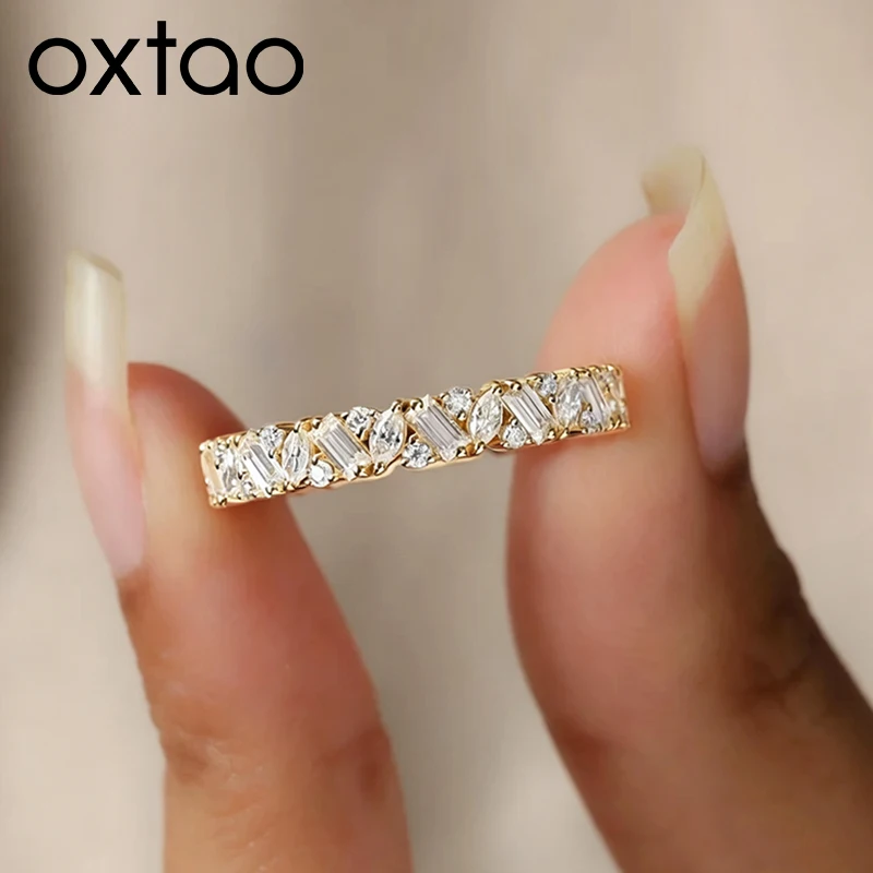 OXTAO Minimalist Moissanite Stacking Ring D VVS1 for Women Certified Geometry Eternity Wedding Band Ring Jewelry 14K Gold Filled