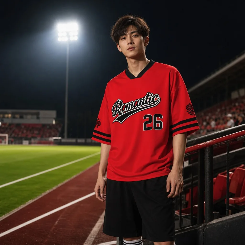 Oversized Red V-neck Sports Shirt Men's Short Sleeved Rose Sleeves  26 Number MARS Back Print Loose Street Hip-Hop Soccer Top