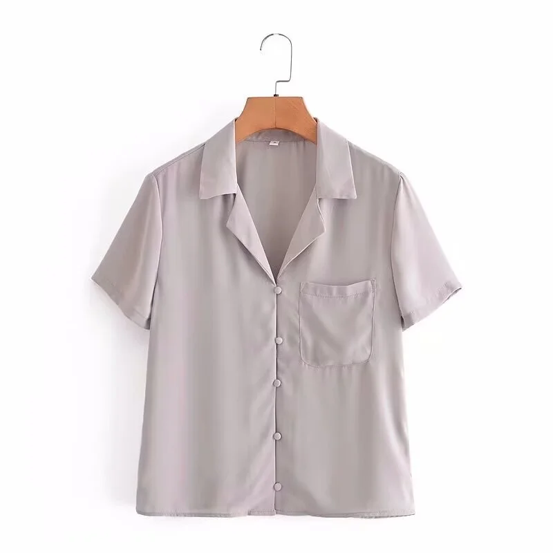 Women's Casual Short Sleeve Button Down Shirt Solid Color V Neck Lapel Collar Loose Fit Blouse with Chest Pocket Summer Tops