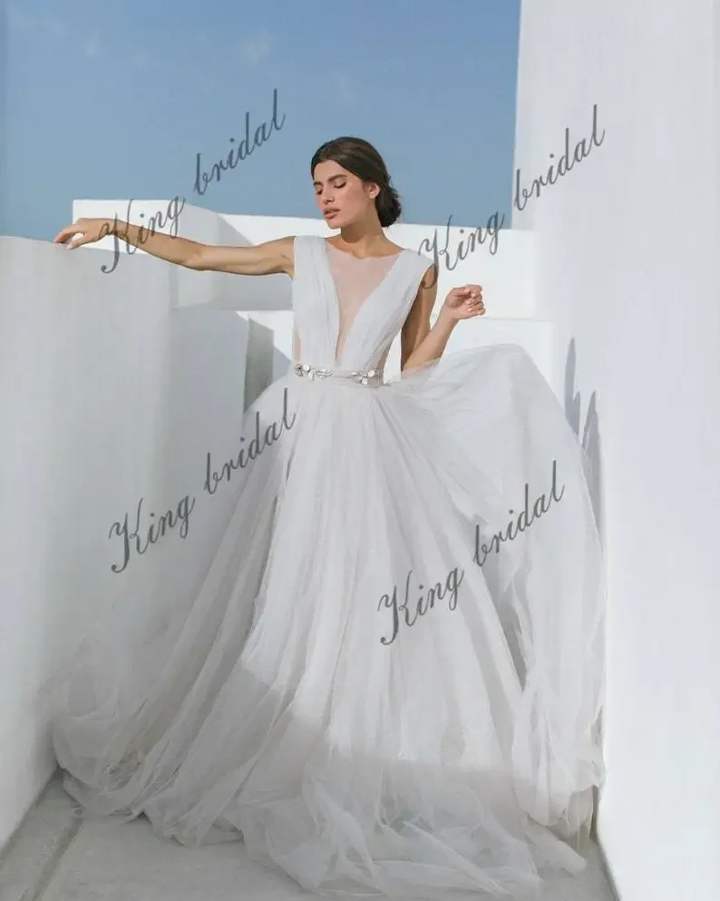 V-Ausschnitt, voller Hochzeitsrock, langer Tüll-Hochzeitsrock, weiß, schlichtes Brautkleid, Brautkleider, Brautkleider für Frauen, 2025, Braut