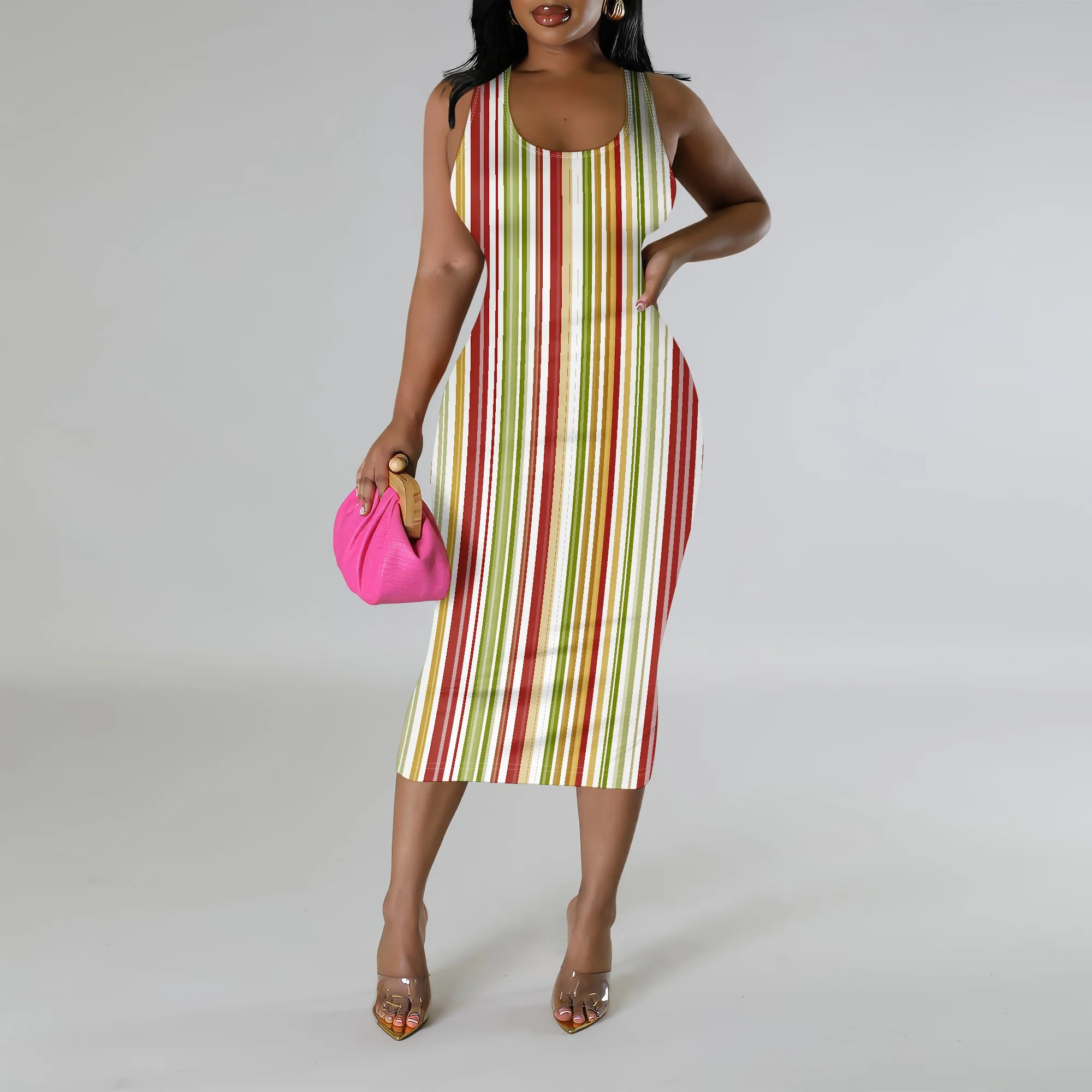 Striped Sleeveless Dress, Colorful Vertical Lines Print Midi Dress, Summer Casual Wear for Women, S-2XL