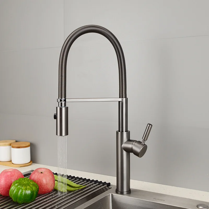 Premium Brushed Nickel Pull-Down Kitchen Faucet with Brass Spray Head Single Hole Brass Retractable Spring Tap Rotatable,Gold