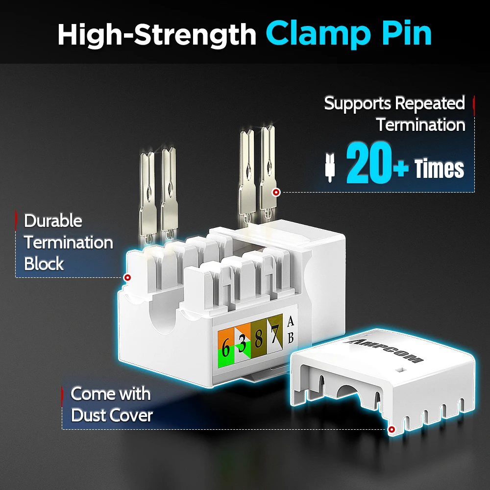 AMPCOM CAT6 RJ45 Keystone Jack UTP 90 Degree 30U/50U Gold Plated UTP Module ABS/LSZH for Standard Patch Panel Wall Plate 1/6 PCS