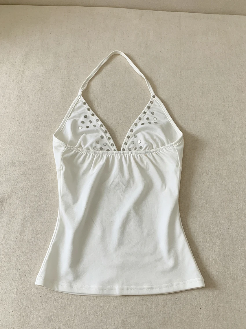 Y2K Vintage 90s Women Halter Neck Tank Top Silver Bead Studded V Neck Keyhole Detail Stretchy Back Gathered Slim Summer Camisole