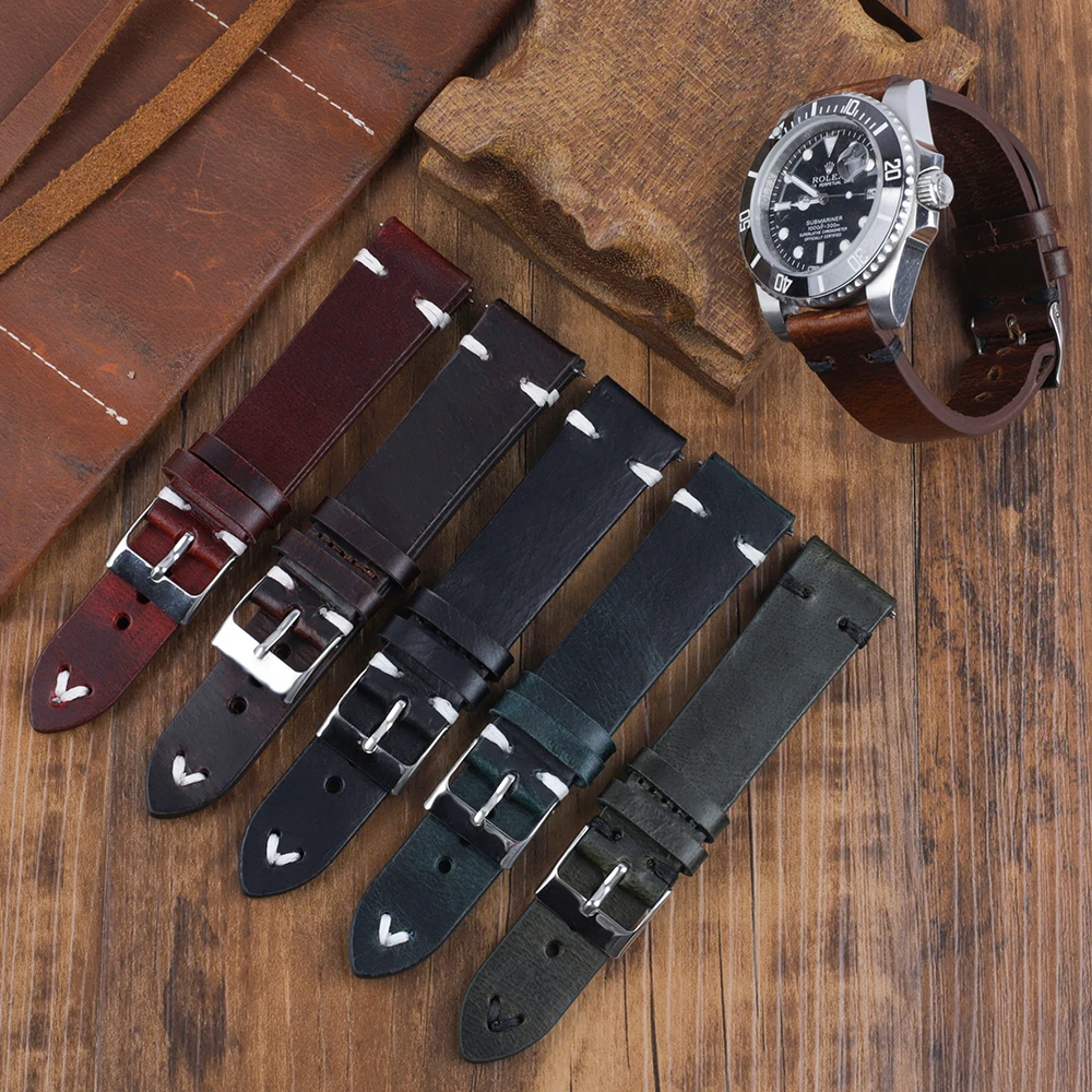 

16mm 17mm 18mm 19mm 20mm 21mm 22mm 24mm Vintage Oil Wax Leather Watchband Stitching Cowhide Strap for Omega for Seiko Watch Band