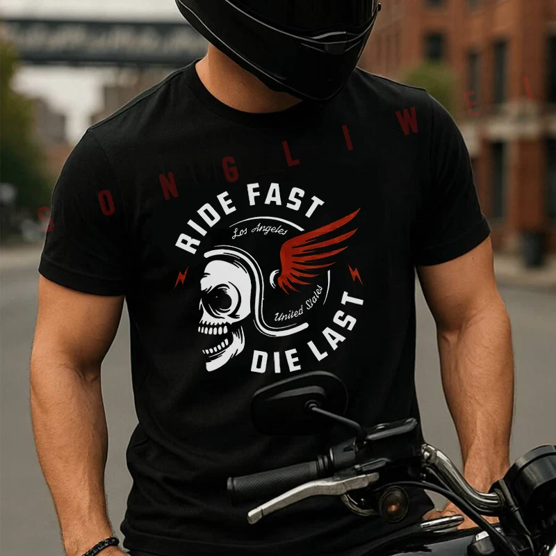 Skull Letter Print Motorcycle Moto T-Shirt Vintage Cotton Plain Mens Funny T Shirts Casual Harajuku Clothes