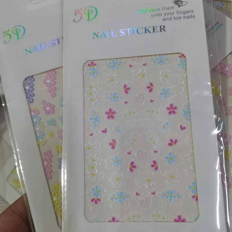 1Piece Pack 5D3D Embossed Flower Nail Stickers Pink and Blue Petals, butterfly, Heart, French Lines Acrylic Spring/Summer Floral view 2