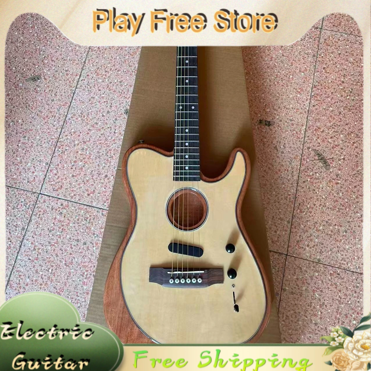 Natural TL Style Silent Acoustasonic Guitar Spruce Top Mahogany Body Dual Tone Switch Quiet Practice Stage Recording Guitar