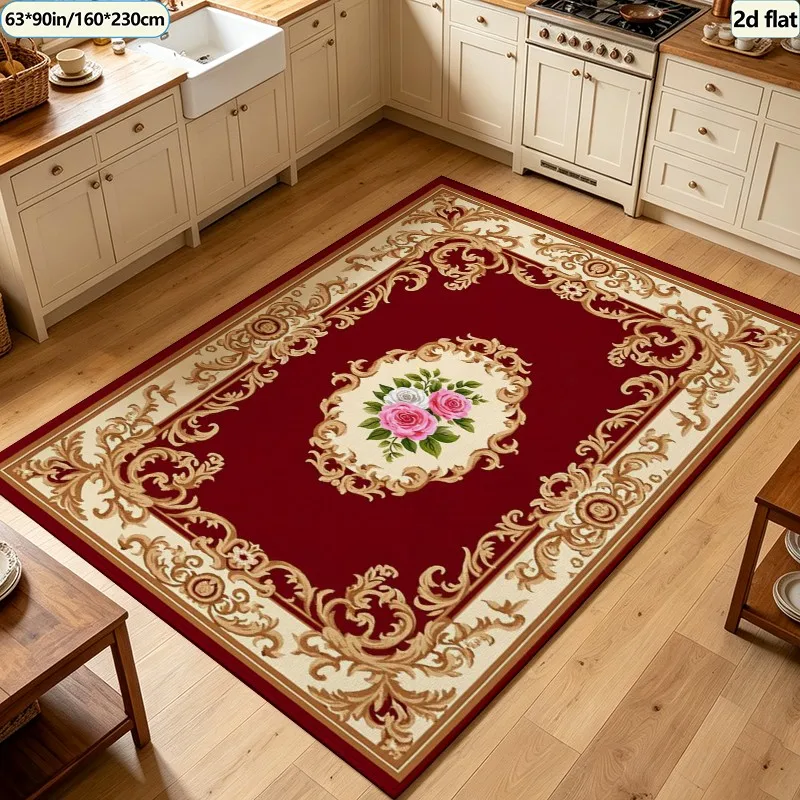 Luxury Red European Rose Medallion Carpet Flooring Square Area Rug Non-Slip Washable Floor Carpet for Hall Living Room Home