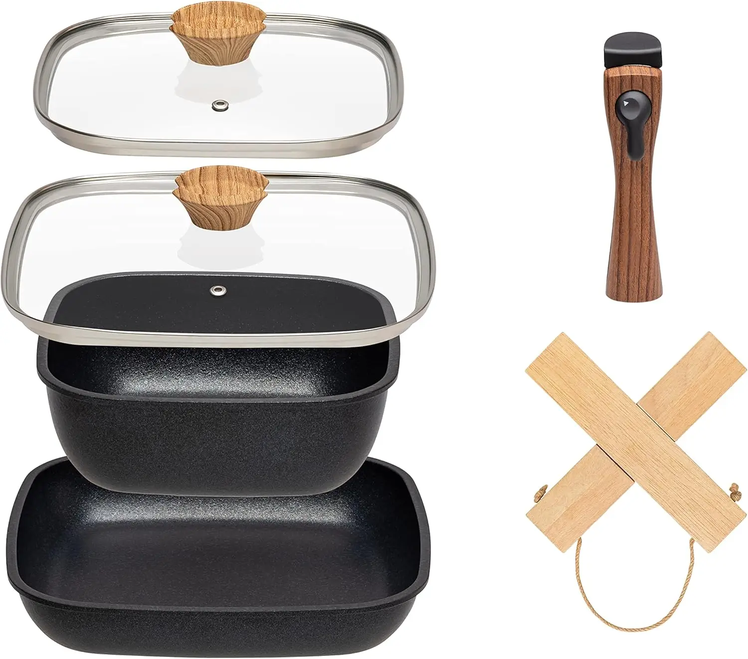 

Non Stick Cast Aluminum Fry Pans with Removable Handles and Collapsible Wood Trivet - 6 Piece Kitchen Cookware Sets, Squ