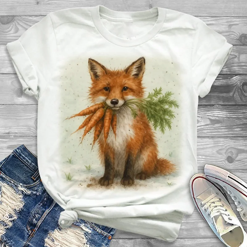 

Забавная женская уличная футболка с принтом лисы и моркови, топ с круглым вырезом, повседневная стильная одежда, женская модная милая футболка