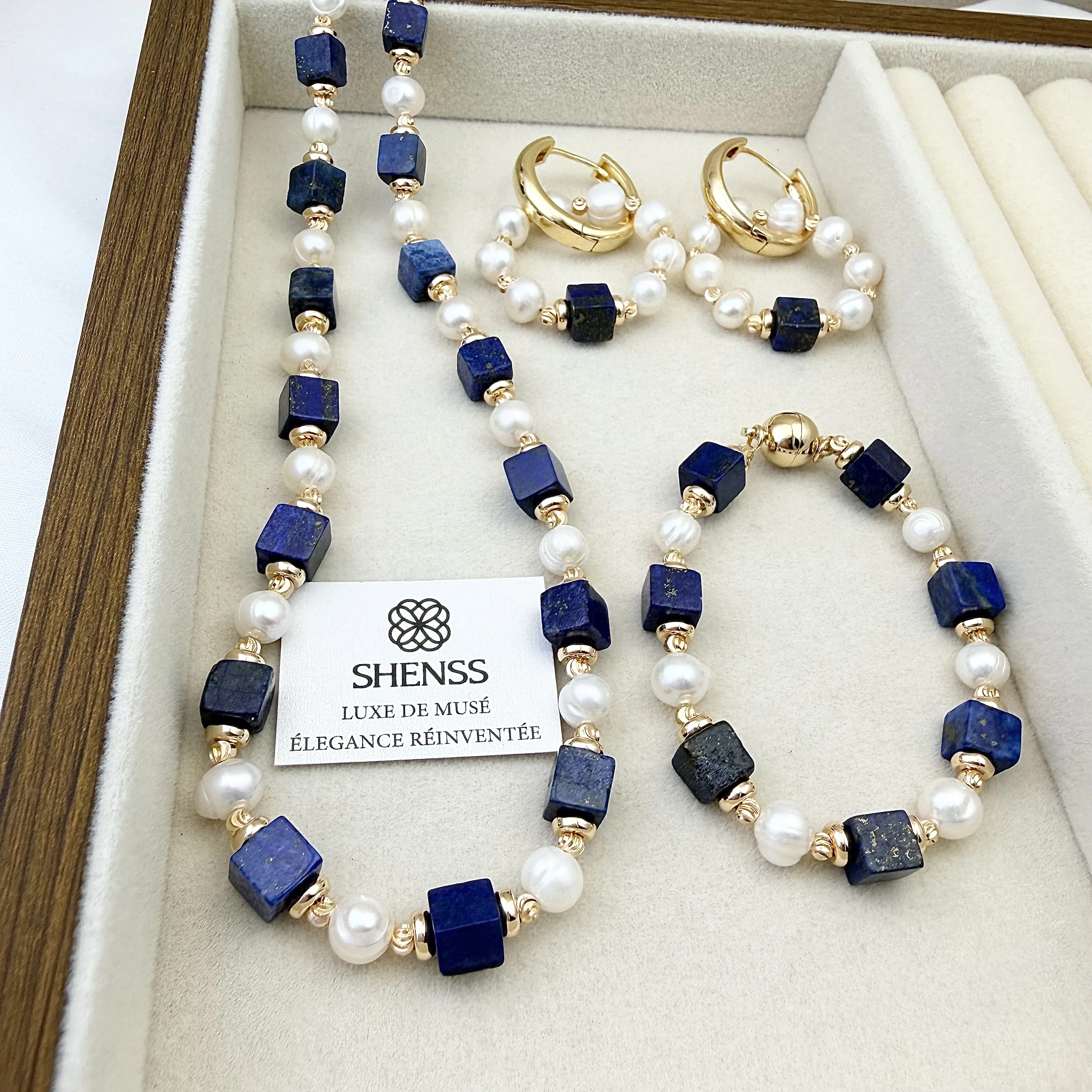 Natural Lapis Lazuli Cube Freshwater Pearl Jewelry Set Luxury Blue White Contrast Necklace Bracelet Earrings Elegant Versatile view 6