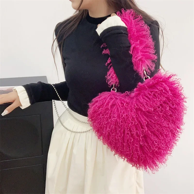 Heart-shaped Women\'s Plush Crossbody Bags Sweet Love Faux Fur Female Shoulder Bag Soft Fluffy Tote Handbags Girls Underarm Bag