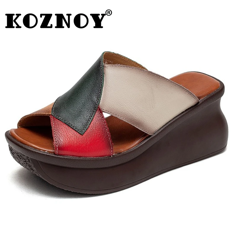 

Koznoy 7cm Genuine Leather Designer Summer Flats Mary Jane Peep Toe Platform Wedge Women Fashion Slipper Rubber Mary Jane Shoes
