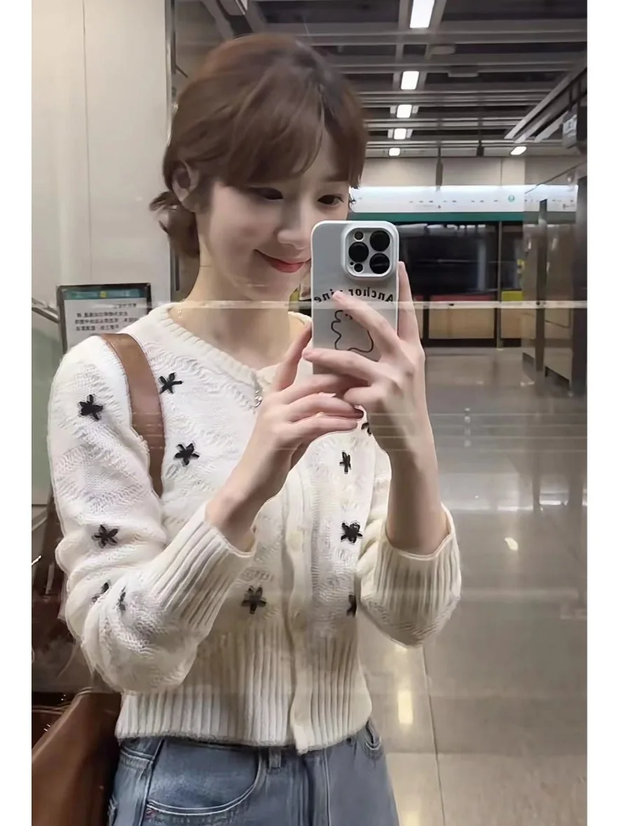 

Мягкий белый вязаный кардиган Lazy Sle с вышивкой, женский свитер ort Design Sensation Jaet, осенний сезон, длинный све