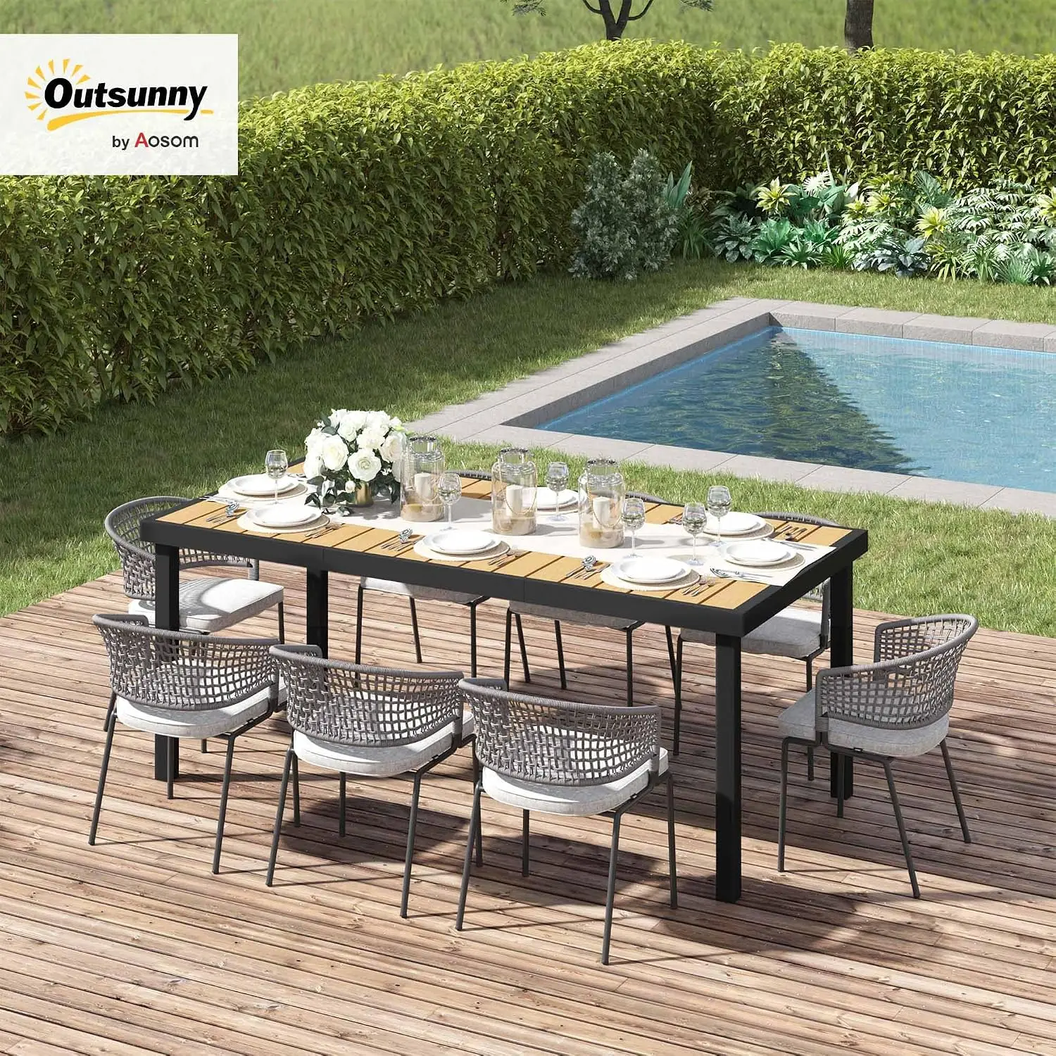 Aluminum Frame Garden Table, All-Weather Faux Wood Top, Lawn, Patio