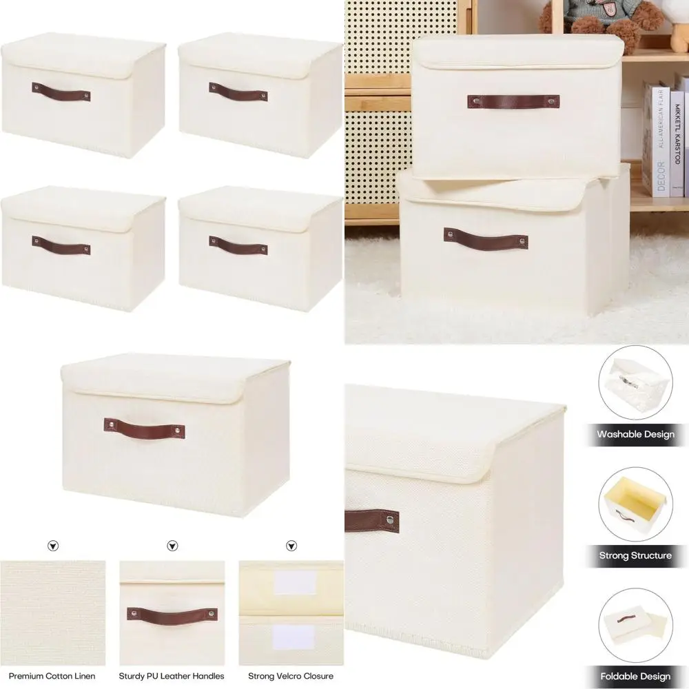 

Складные ящики для хранения с ручками из искусственной кожи, набор из 4 предметов, декоративная льняная ткань, складная и крышка для домашнего организации