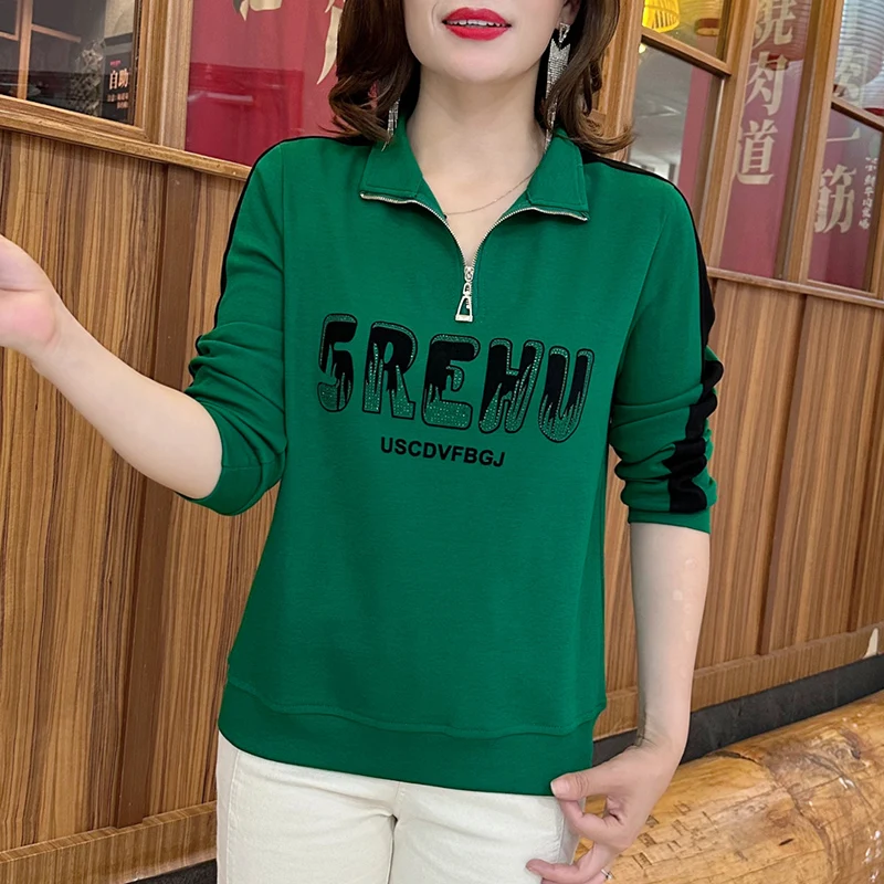 Fashion Stand Collar Zipper Printed Letter T-Shirts Women Clothing 2024 Autumn Winter New Loose Casual Tops Commuter Tee Shirt