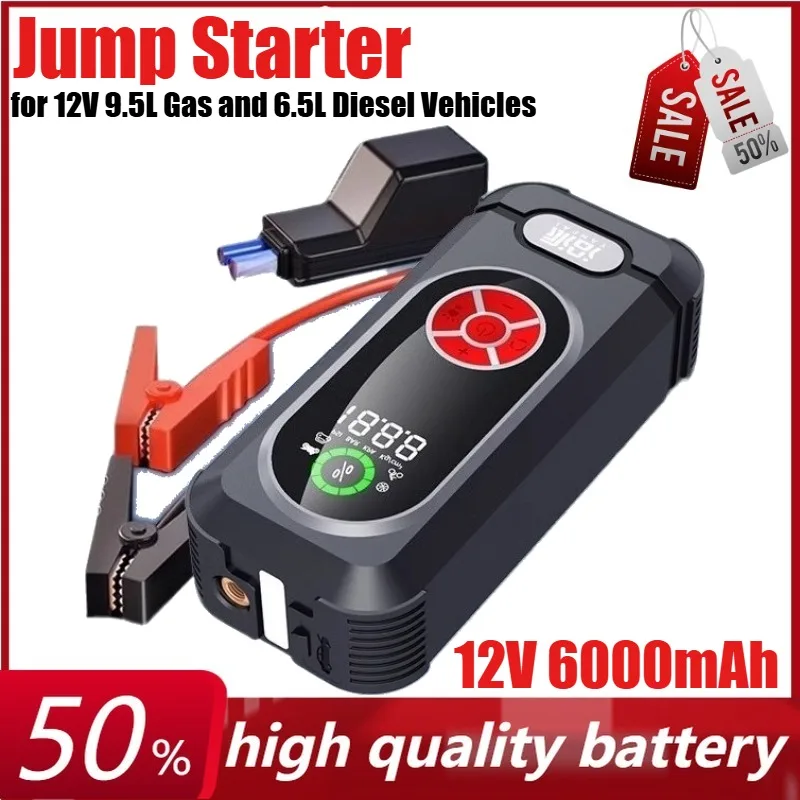 

12V 6000mAh Car Jump Starter with LED Light Inflatable Pump Portable Power Bank for 12V 9.5L Gas and 6.5L Diesel Vehicles