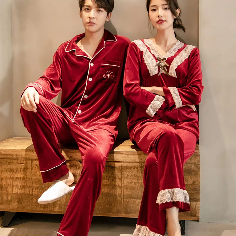 

Couple Velour Pajama Sets Gold Velvet Women Pullover Pants Pyjama Loungewear Men Long Sleeve Shirt Pants Pajamas Sleepwear