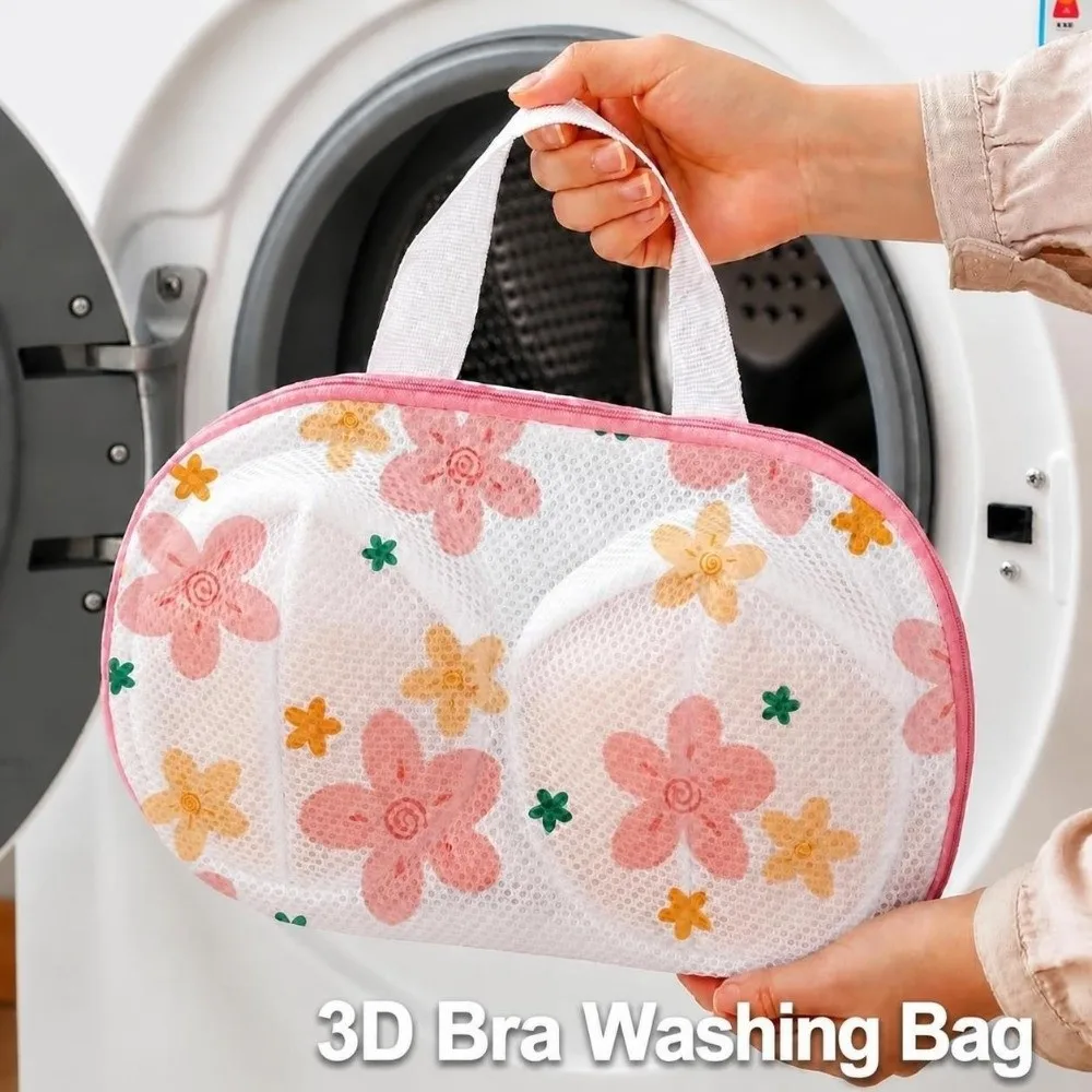 Mesh Bra Laundry Bag with Fixed Strap Flower Leaves Printed Bra Washing Protector Bag Anti-Deformation Lingerie Wash Bag