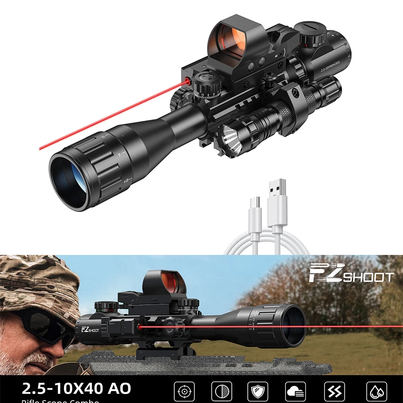 

EZshoot Rifle Scope Optics Scope with Red Dot Sight and Charged Laser Sight Flashlight LED Light Combo Compatible with Picatinny
