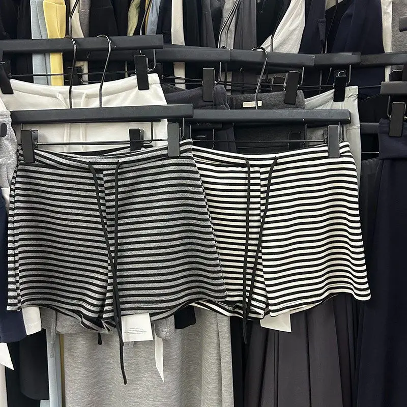 

High Waist plus Size Striped Wide Leg Short Pants Women's Summer Style Slimming Korean Loose Elastic Sports Hot Pants