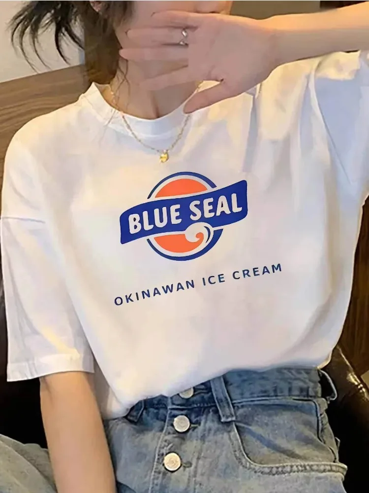 

2025 Fashion Summer Cotton Blue Print Cartoon Print Women's Round Neck Cute Y2K Style Casual Loose Top