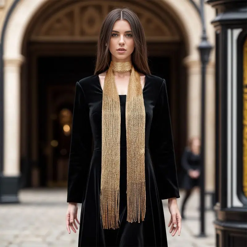 

Золотой роскошный блестящий шарф из ниток, шелковый шифон, длинная полоска, блестки, блестящая накидка на шею, элегантный блестящий провод, аксессуар для вечерней вечеринки