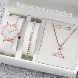 6pcs/set Fashion Women Leather Strap Quartz Watch & Diamond Jewelry Set