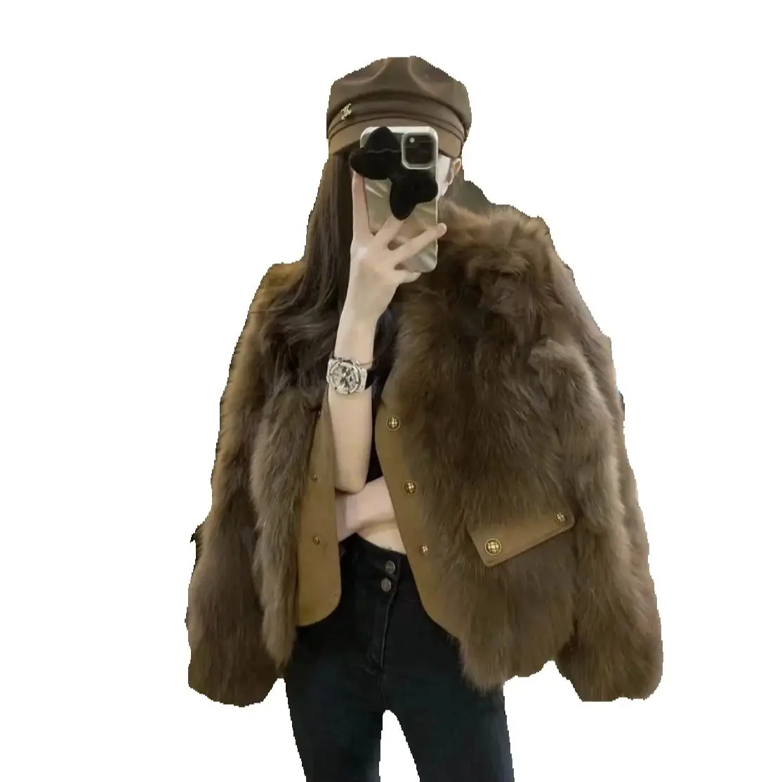 Ein verdickter, hochwertiger, umweltfreundlicher Fuchspelzmantel im mittleren Winter mit einem modischen, stilvollen und raffinierten Look