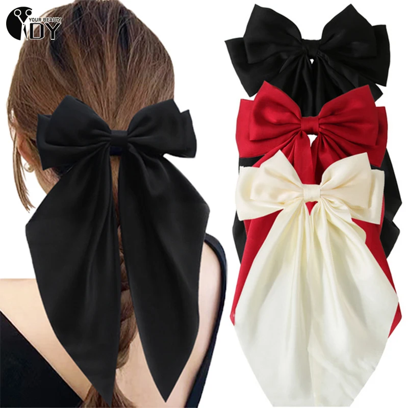 

Bow Ribbon Hair Clip Women Solid Color Satin Ribbon Long Big Bows Hairpin Bowknot Barrettes Hair Accessories For Girls