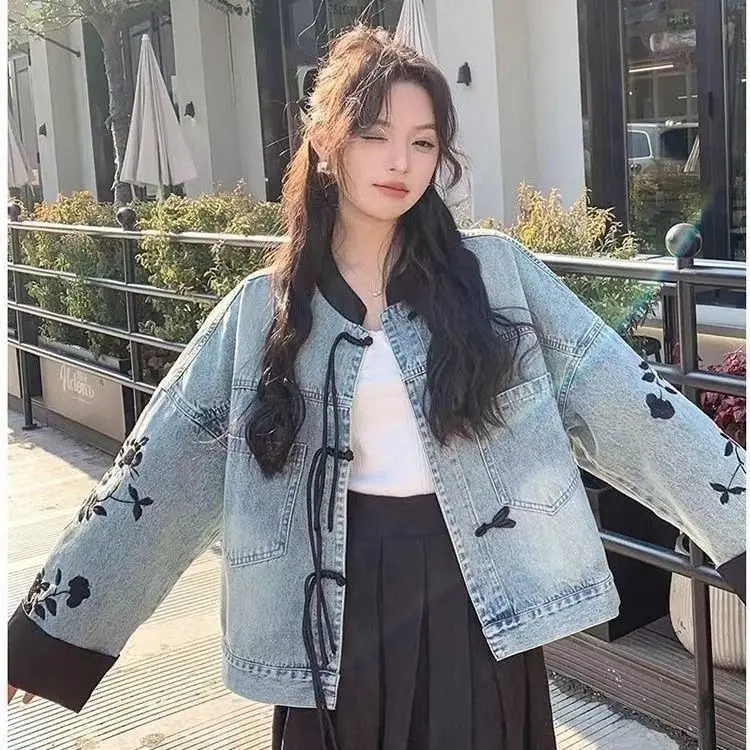 

Korea Buckle Denim Jacket Women Spring Autumn New Style High-End Loose Niche Design Long-Sleeved Top