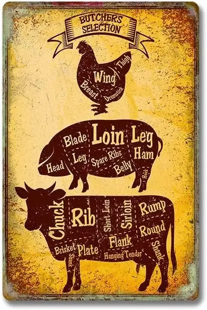 اختيار الجزار قطع الدجاج لحم الخنزير لحم البقر خمر معدن القصدير تسجيل الفن اللوحة جدار ديكور تبدو هدايا مضحكة للمنزل المطبخ المرآب