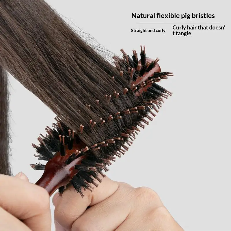 Professional Boar Bristle Round Hair Brush Ergonomic Wood Handle Anti-Frizz for Home Barber Salon Blow Drying Curling