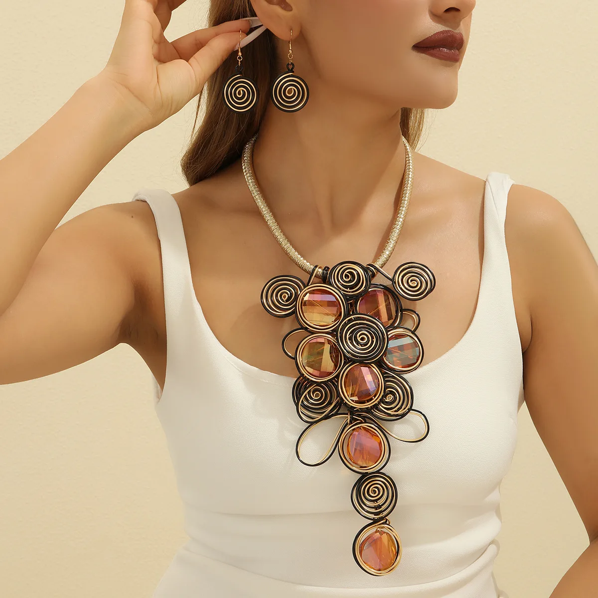 European and American popular jewelry glass aluminum wire handmade necklace set, foreign trade source Amazon jewelry Necklace