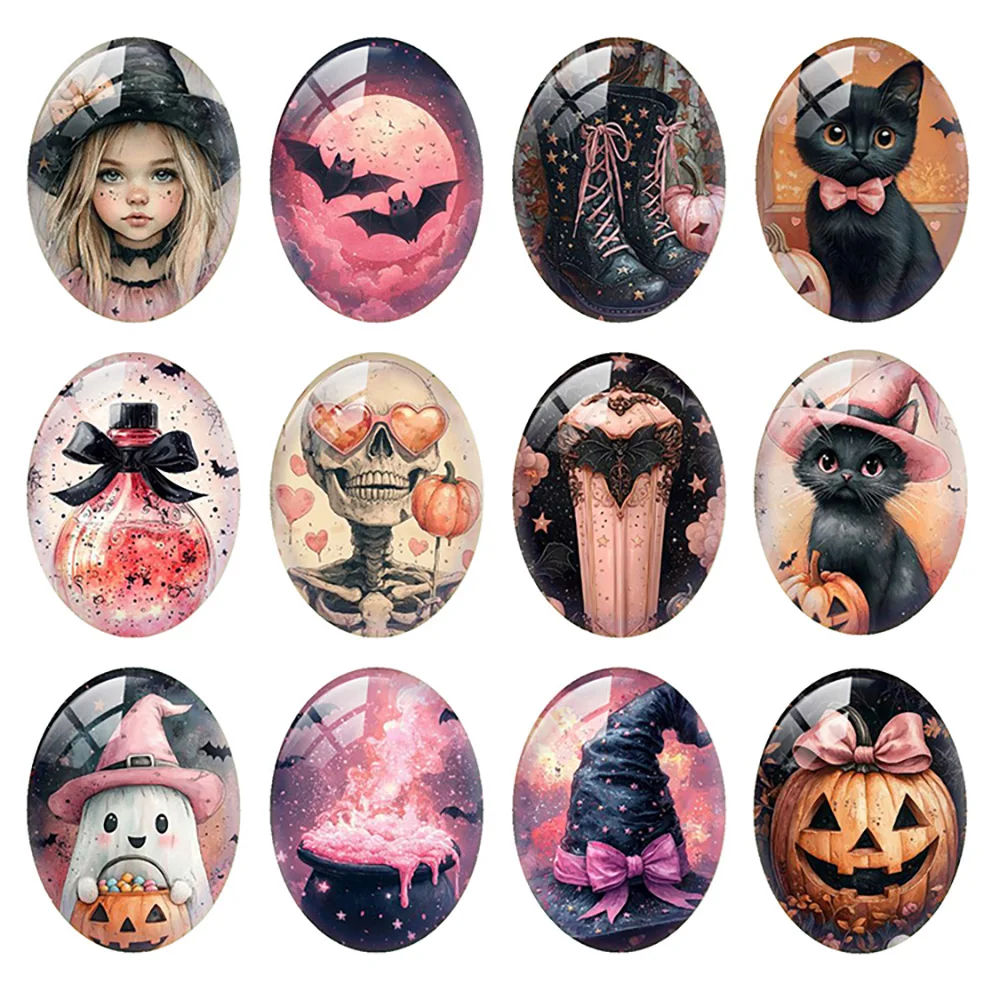 

10 шт./лот, милый розовый Хэллоуин, готический кот, шляпа ведьмы, паук, бу, овальная фотография, стеклянный кабошон с плоской задней частью, демонстрационная камея, изготовление ювелирных изделий своими руками
