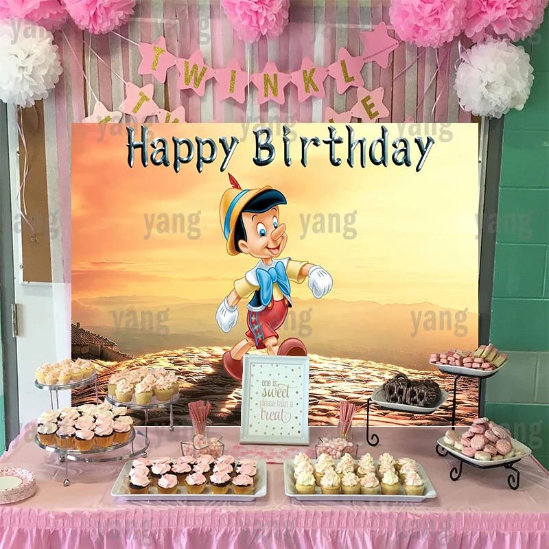 Custom Disney Cartoon The Young Pinocchio The Setting Sun Backgrounds Banner Birthday Party Decoration Baby Shower Backdrop