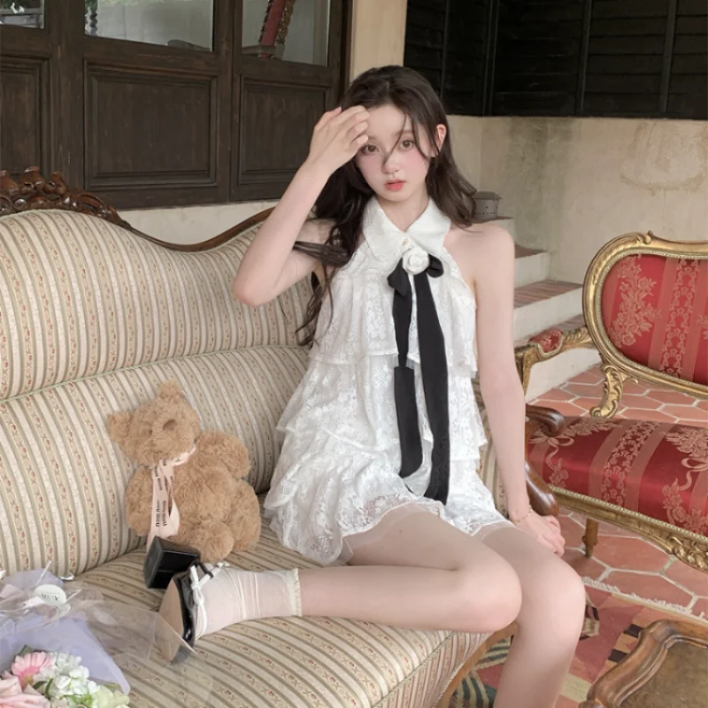 Hikigawa Lace Embroidery Cake Women Dress All Match Off Shoulder Dresses Chic Fashion Bow Patchwork Elegant Vestido De Mujer