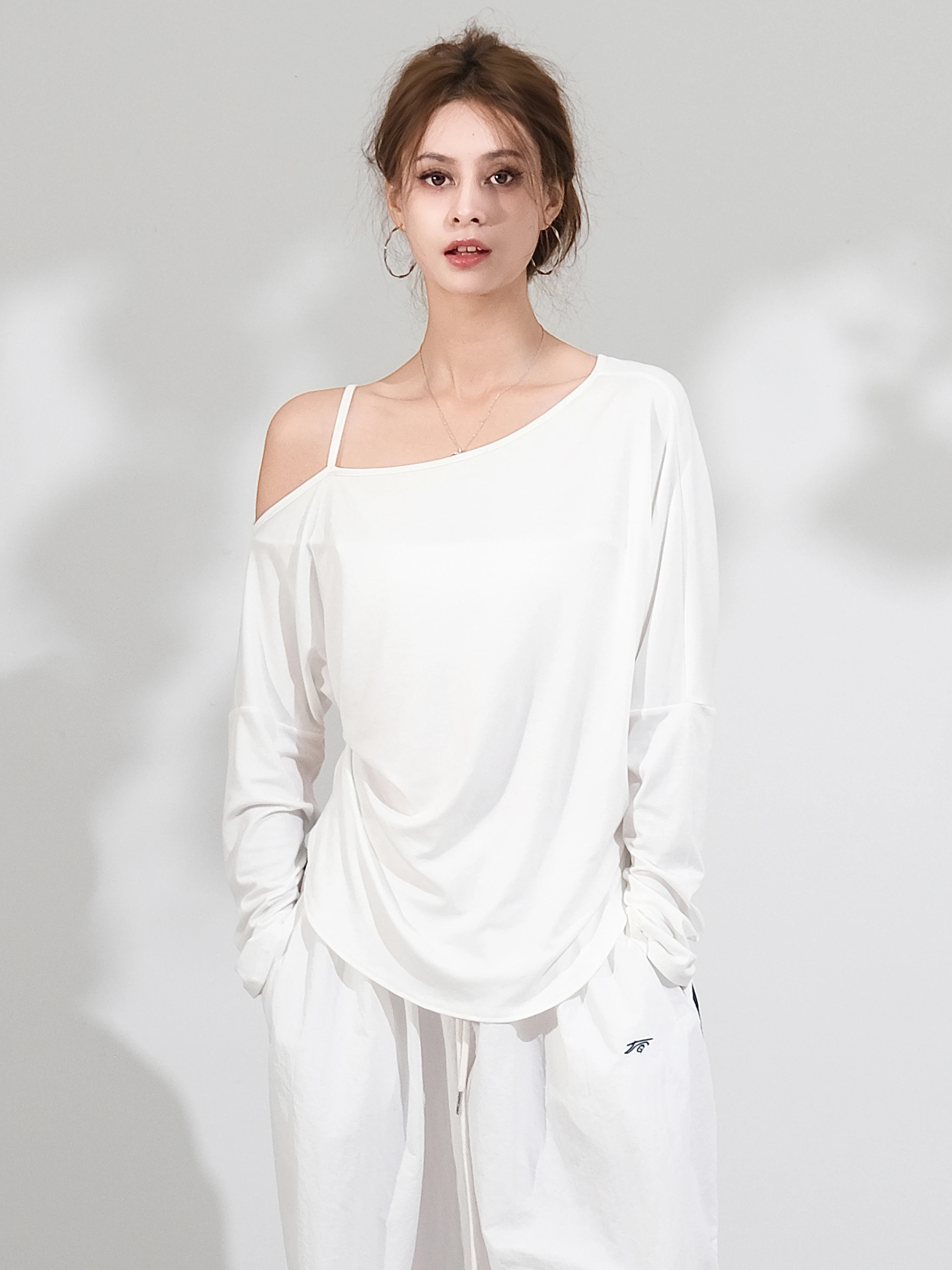 

Loose Long Sve T-irt Women's Jazz Dance Sle Casual Loose Slimming Design Simple oulder T-irt Pure Color Lazy Sle