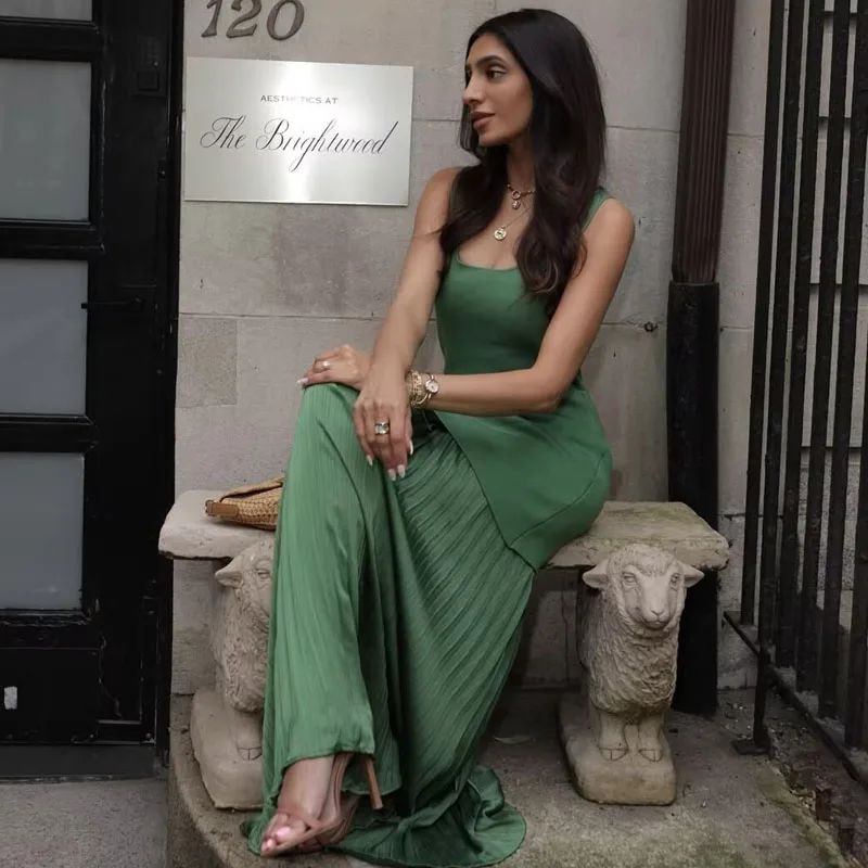 Gebreide lange jurken zomer patchwork geplooide vrouwelijke jurk groen korset mouwloze gehaakte jurk feest elegante jurken vrouw