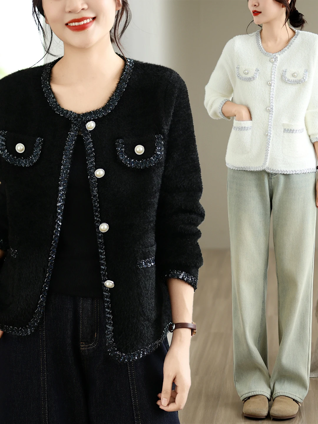 Soft Short Knitted Woolen Jacket Women's Fashion Luxury Style Mink Imitation Coat Spring Autumn Winter New Design Versatile Top