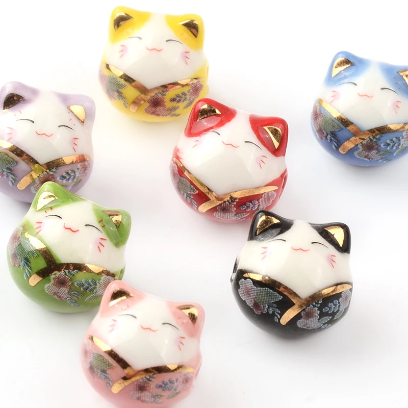 14mm Cute V-neck cat Ceramic Beads Multiple Mixed Colors Loose Beads For Jewelry Making Handmade Diy Porcelain beads Wholesale