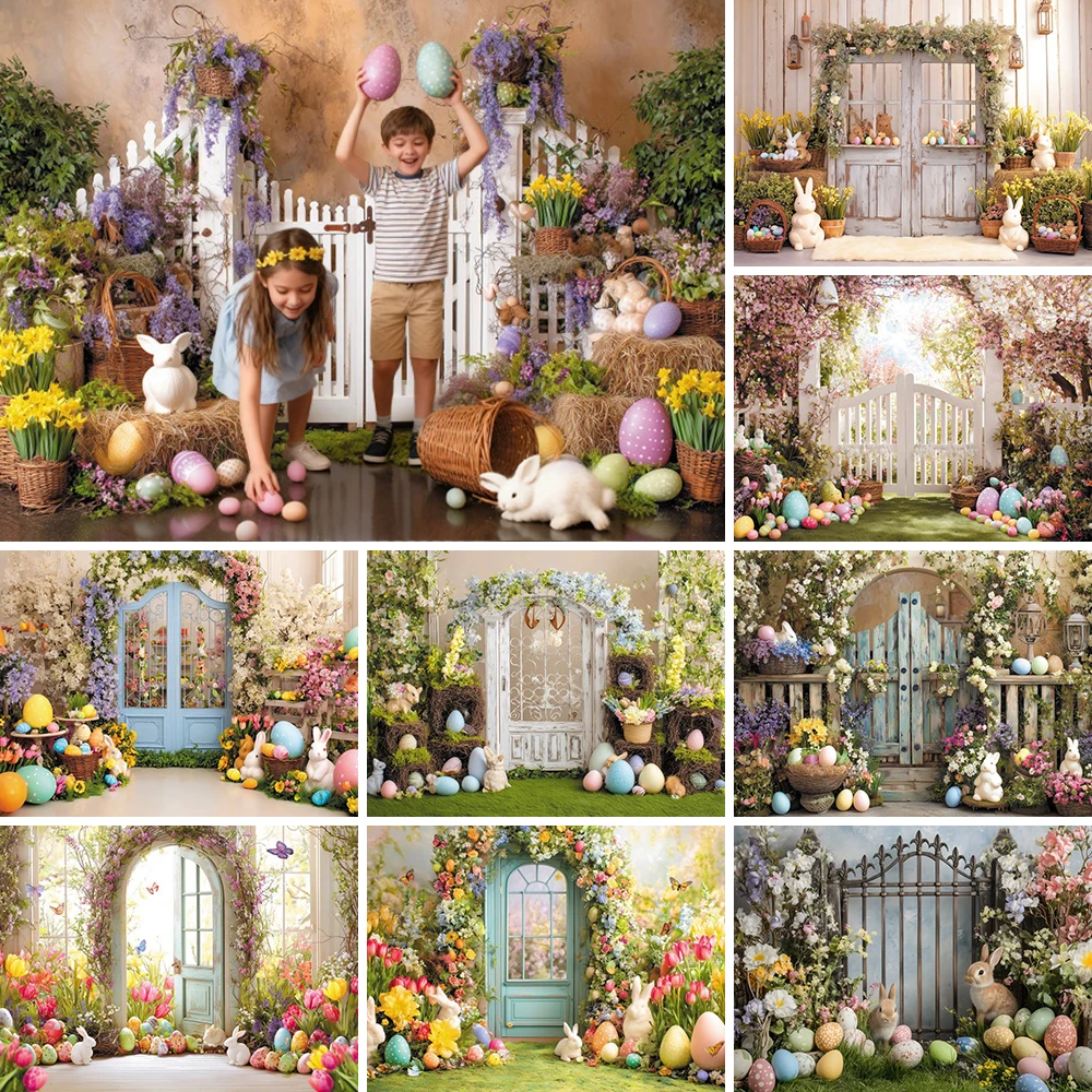 

Spring Photography Backdrop Easter Flowers Courtyard Rabbits Eggs Kids Birthday Portrait Backgound Photo Studio Props Wallpaper